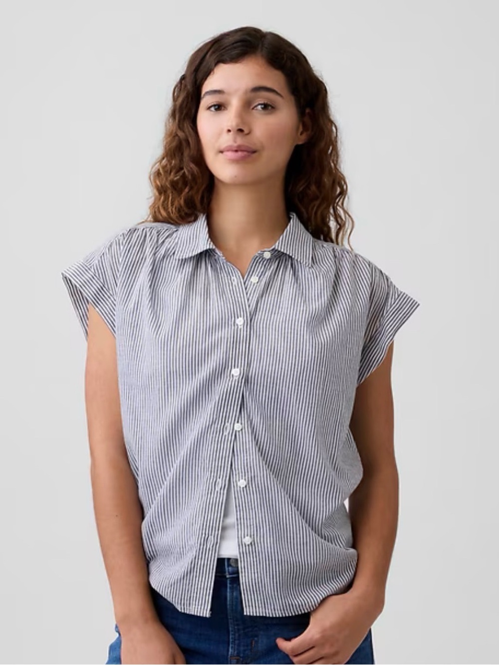 Old Navy Blue and White Striped Cap-Sleeve Button-Up Top